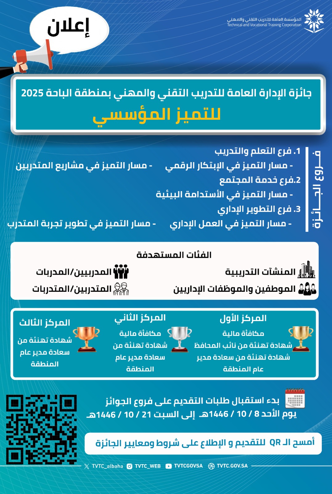 تعلن الإدارة العامة للتدريب التقني والمهني بمنطقة الباحة عن إطلاق جائزة الإدارة "للتميز المؤسسي" لكافة منسوبي ومنسوبات تقني_الباحة. متمنين للجميع التوفيق والنجاح.