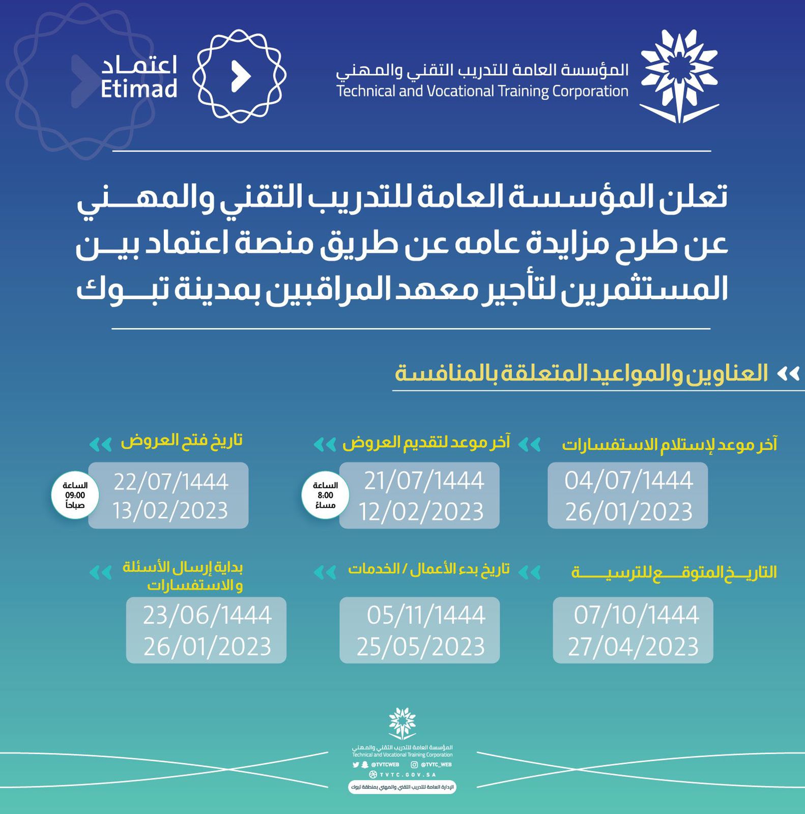 اعلان طرح مزايدة معهد المراقبين بتبوك
