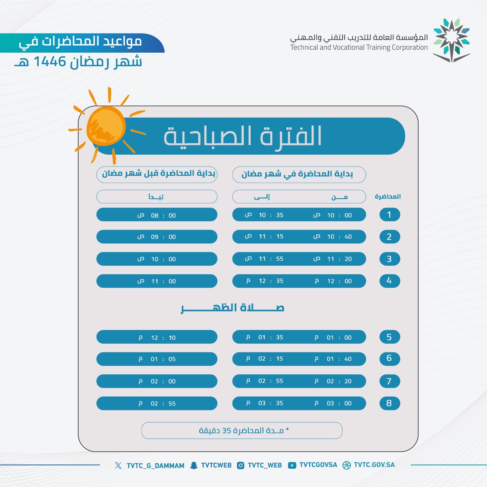 ​​مواعيد المحاضرات بالكلية التقنية بالدمام خلال شهر رمضان المبارك لعام 1446هـ للفترتين الصباحية والمسائية.
