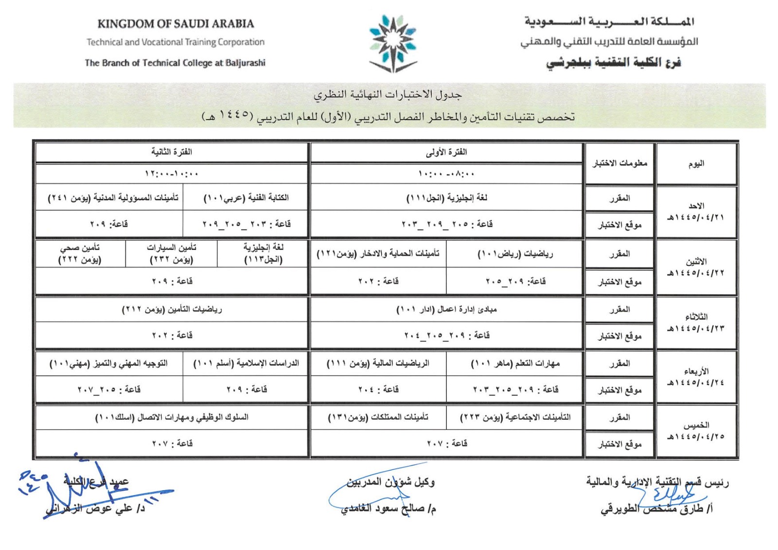 جدول الاختبارات النهائية النظري تخصص تقنيات التأمين والمخاطر الفصل التدريبي (الاول) للعام التدريبي (1445هـ) 