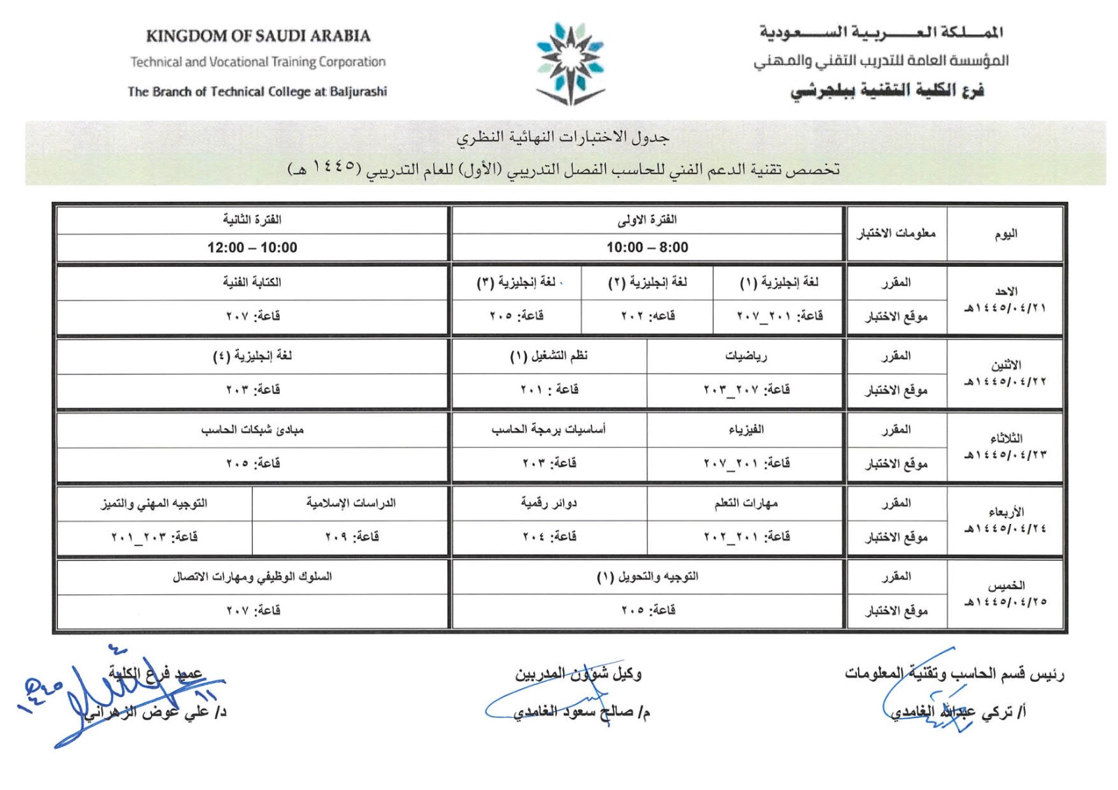 جدول الاختبارات النهائية النظري تخصص تقنية الدعم الفني للحاسب الالي الفصل التدريبي (الاول) للعام التدريبي (1445هـ)